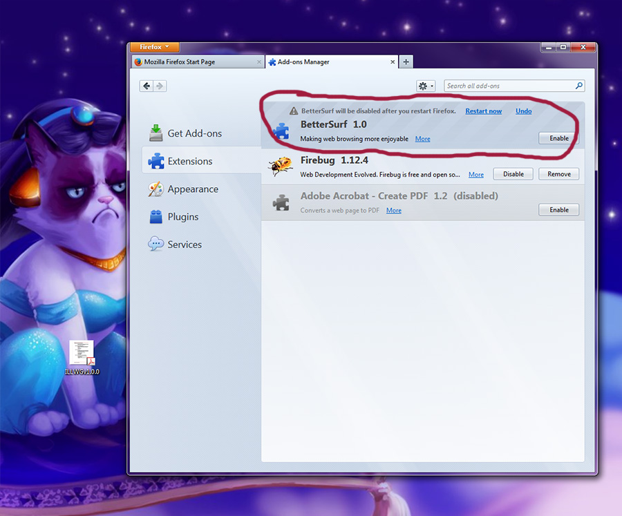 There it is, lurking in my Firefox extensions. And I haven't even opened Firefox since the AJAX class I took in July! Grumpy Jasmine Cat is not pleased.
