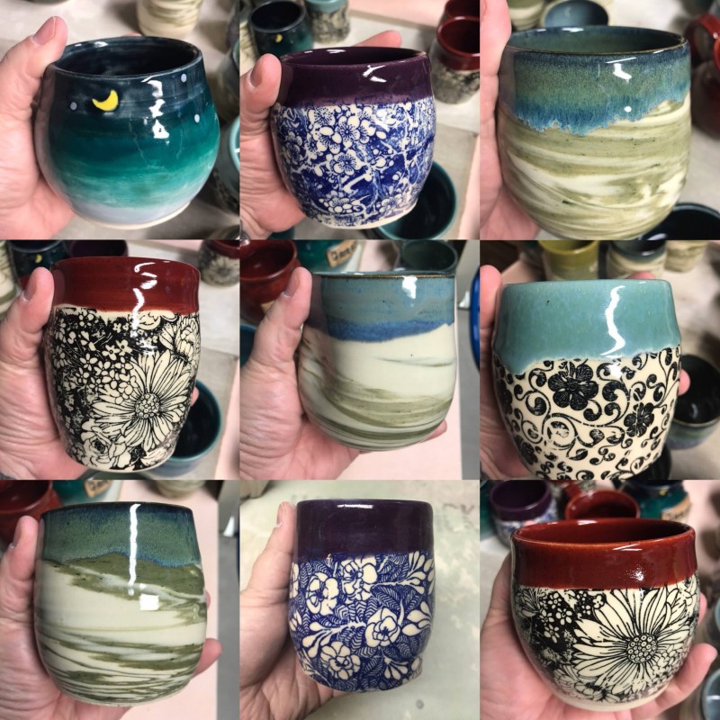 A collage of 9 different photos of different handmade mugs, some with floral patterns, made by Dryad Tea.
