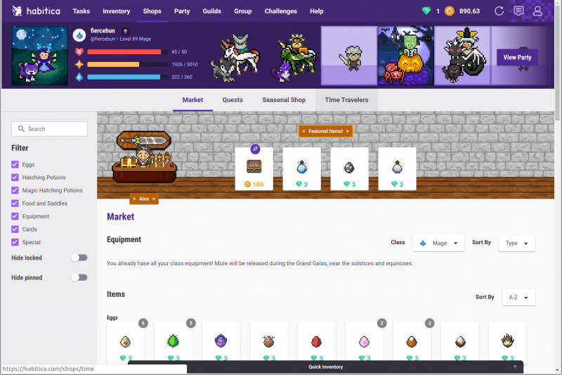 The Habitica interface, showing the Habitica Market.