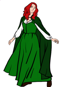 Red-headed woman wearing a green and white dress with a dark green cloak.