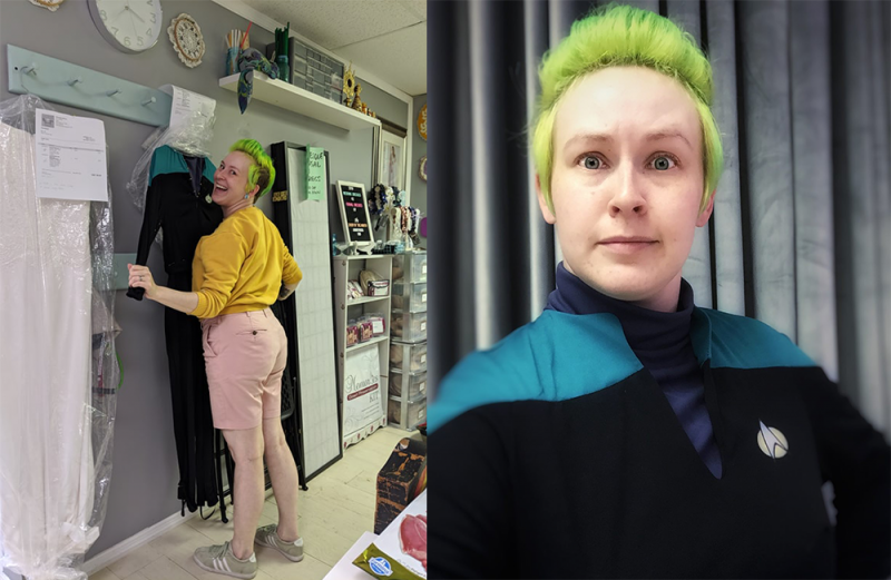 Collage of photos of Liby from Bloomington Stitchery - on the left side, she's embracing my Starfleet uniform while it's hanging up, and on the right she's wearing the uniform.