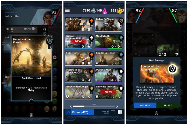 Screemshots from Magic: Puzzle Quest that focus on cards. On the left is a close-up of Foundry of the Consuls, in the center is a collection of my cards, and on the right is the card Flames of the Raze-Boar asking who I want to deal damage to.