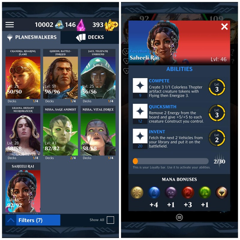 Screenshots from Magic: Puzzle Quest - on the left is a screenshot of my collection of planeswalkers, and on the right is detailed stats for Saheeli Rai.