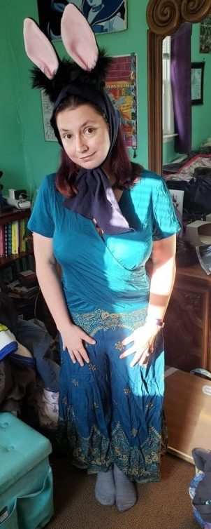 Me dressed up in what I've got of my costume for Santoki, which includes her shirt, pants, and bunny ears.