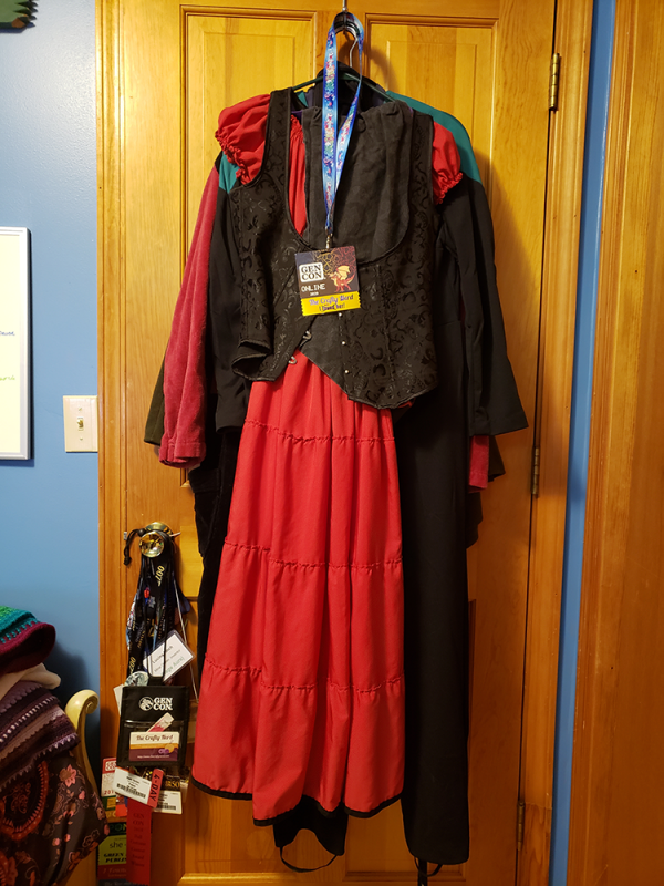 Costumes hanging on the back of my office door.