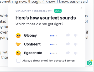 Screenshot of the tone detector in Grammarly - the top listed tone is Gloomy, with a rather sad-looking emoji.