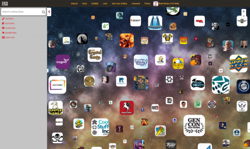 Screenshot of The Looking Glass, which displays logos for vendors at Gen Con in a cloud format.